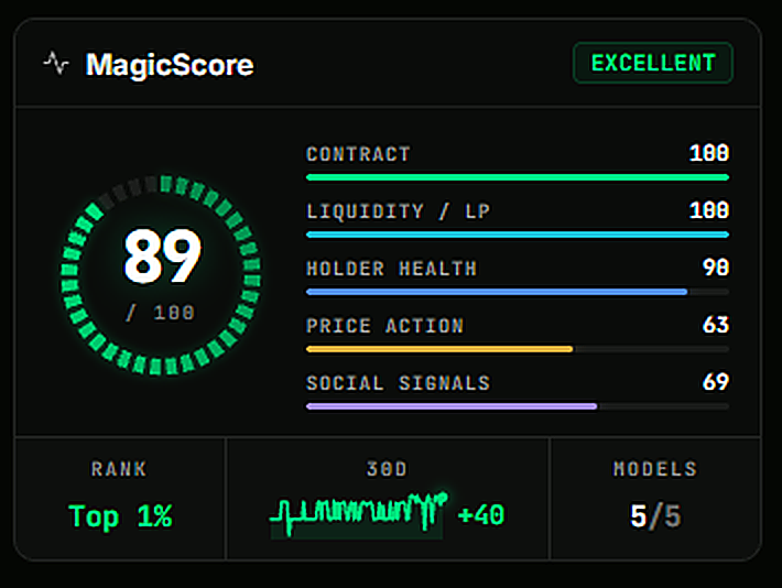 분석 페이지의 MagicScore 카드와 다섯 가지 하위 점수.